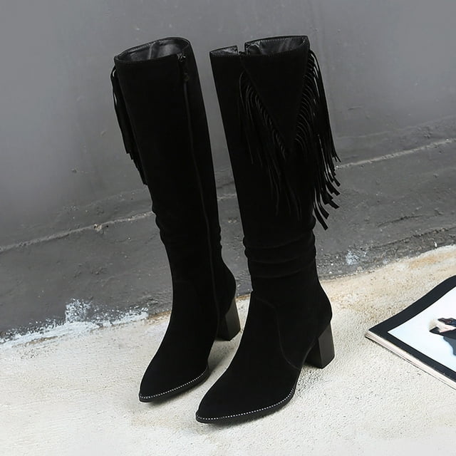QTBIUQ Bottes Hautes pour Femme Mode Rétro Unie Style Ethnique en Suède à Franges