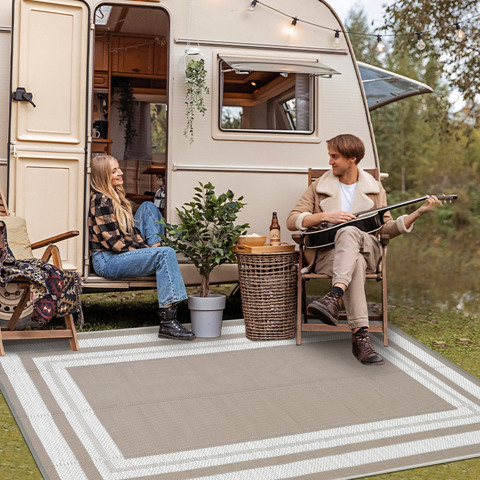 GlowSol 9'x12' Outdoor Rug Plastic Patio Rug Plastic Straw Waterproof Rug Modern Bordered Reversible Camper Rug for RV Backyard Deck Picnic Beach, Gray Coffee
