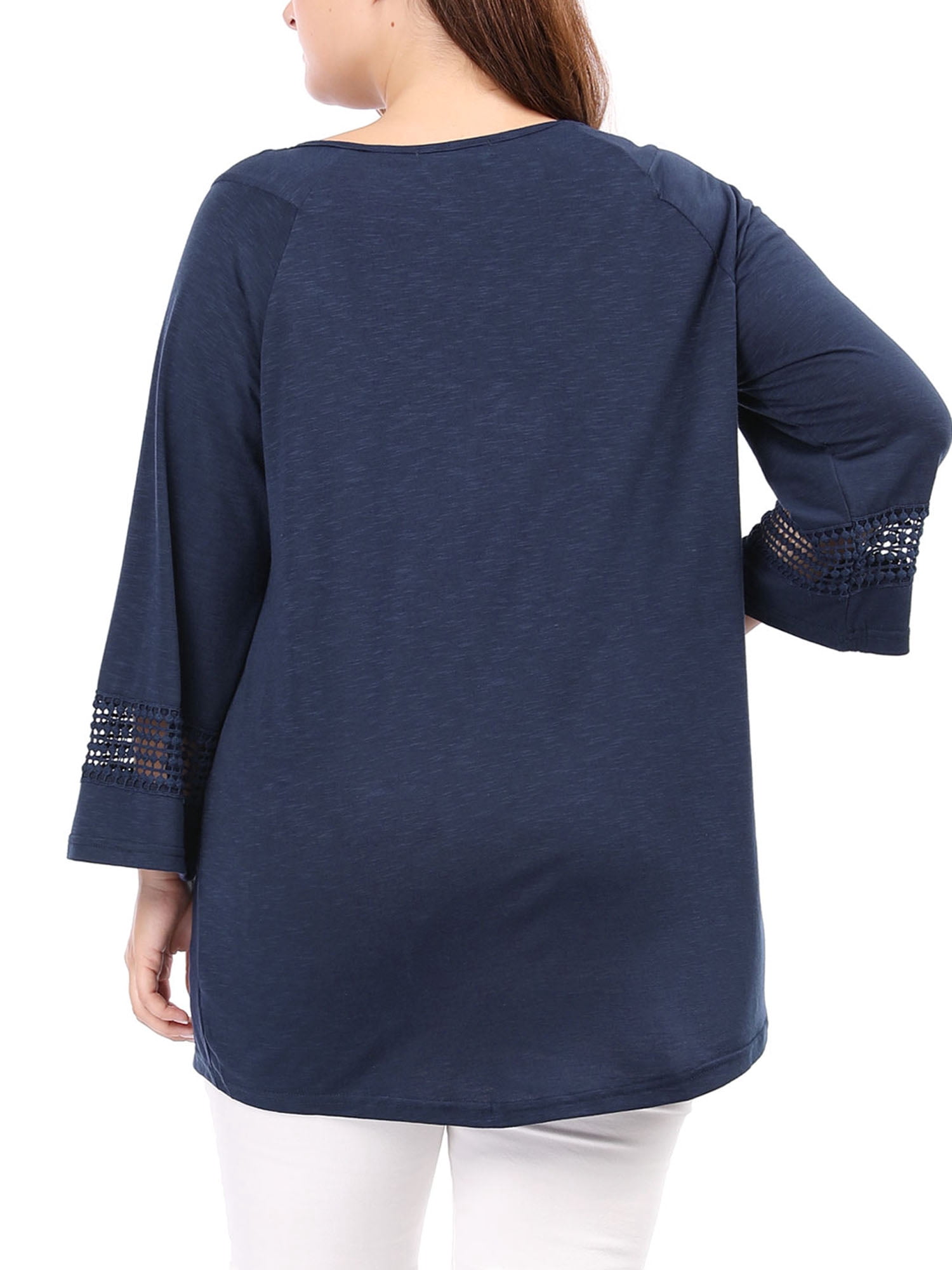 Unique Bargains Juniors' Plus Size Crochet Panel Kimono Raglan Sleeves Ruched Front Top Blue 1X