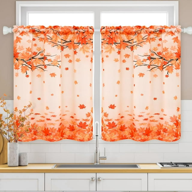 Fall Kitchen Curtains Maple Leaves Tier Curtains Thanksgiving 36 Inch Curtain for Windows Rod Pocket Short Curtain for Kitchen Window, Bathroom, 26" W x 36" L, 2 Panels