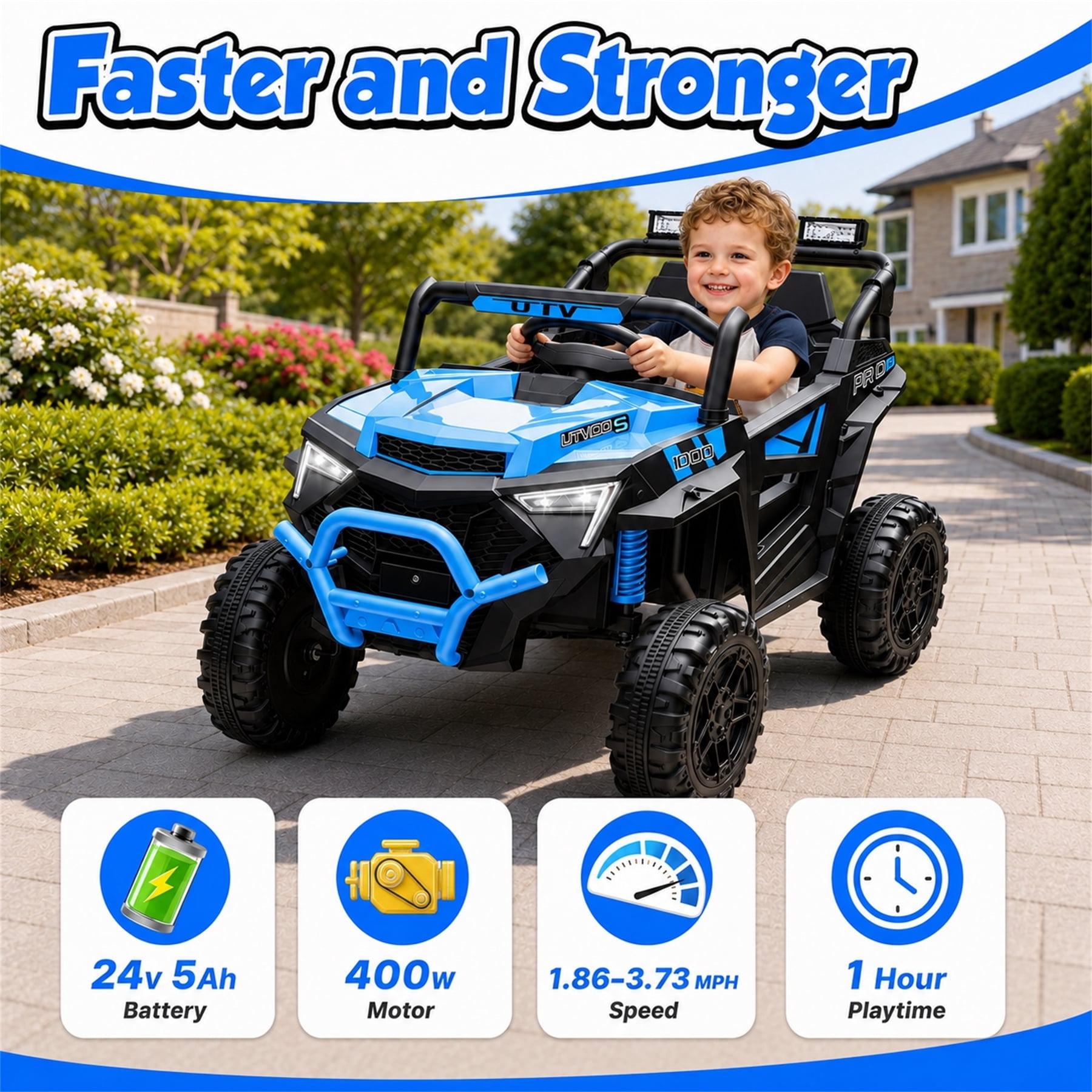 24V 400W Kids Ride On Electric UTV Car with Remote Control, Ride on Toys with Advanced Center Panel, Music, Bluetooth, LED Lights, Gift for Boys Girls 3+, Blue