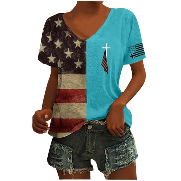 Tops Cortos para las Mujeres Día de la Independencia Patriótica Impreso Cuello en V, Manga Corta Top Casual para Diario, Fiesta Y Todas las Estaciones