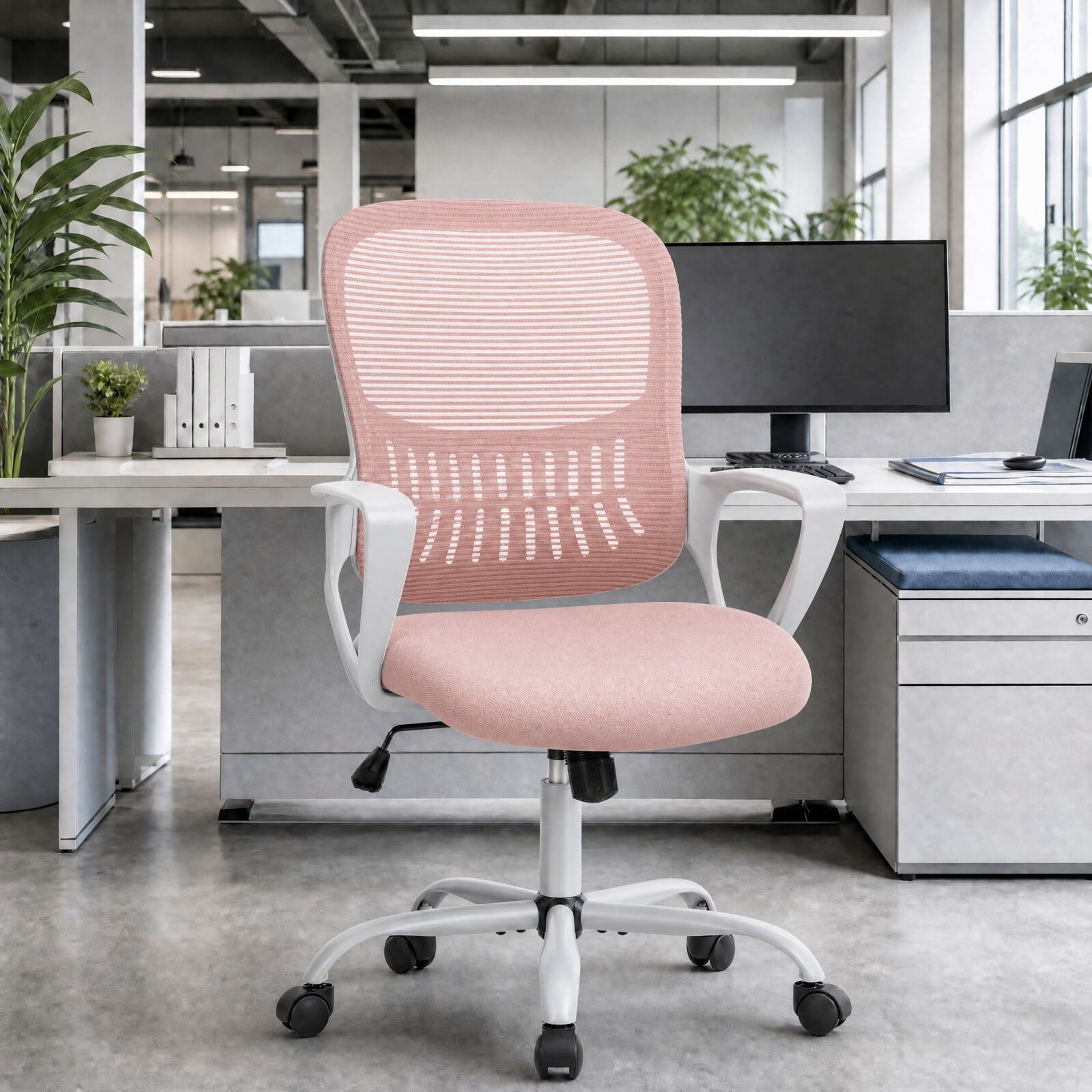 Kelno Ergonomic Mesh Office Chair Mid Back Desk Chair with Lumbar Support Adjustable Height Swivel Task Chair, Pink
