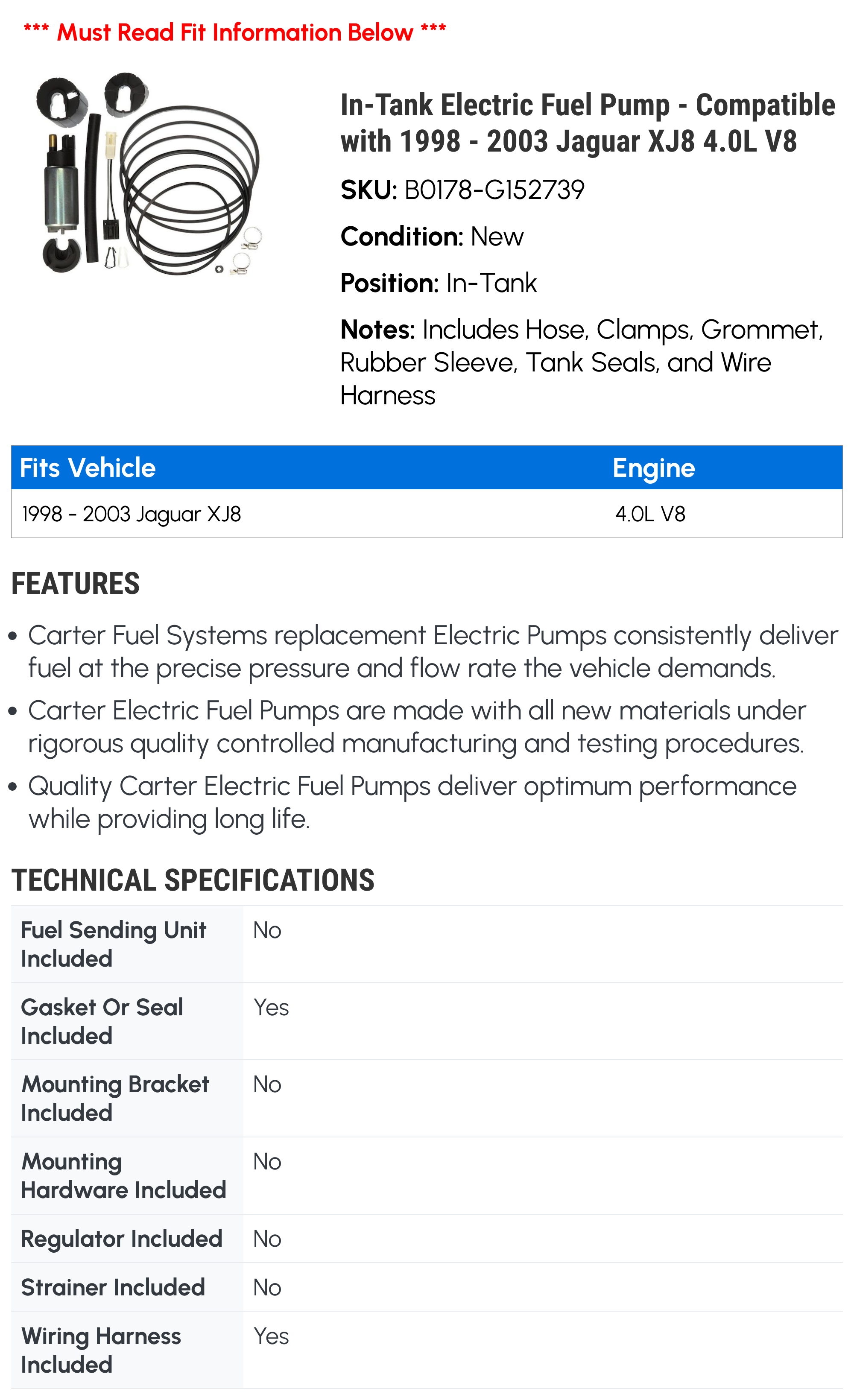 In-Tank Electric Fuel Pump Compatible with 1998 2003 Jaguar XJ8 4.0L V8  1999 2000 2001 2002