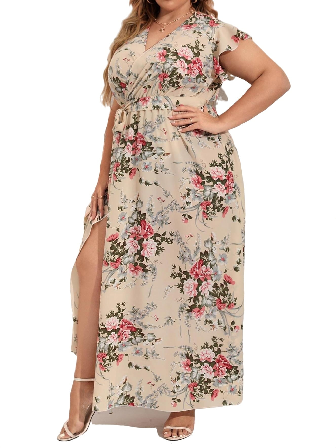 Boho Floral Print V Neck A Line Dress Sleeveless Apricot Plus Size