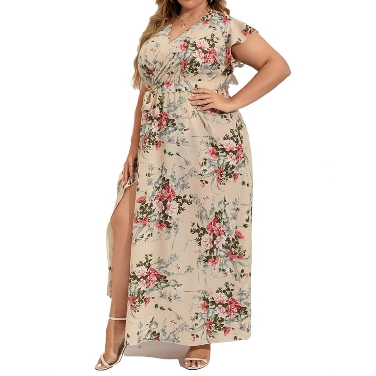 Fashion (Apricot)Summer Black Print Maxi Dress Plus Size S-4XL