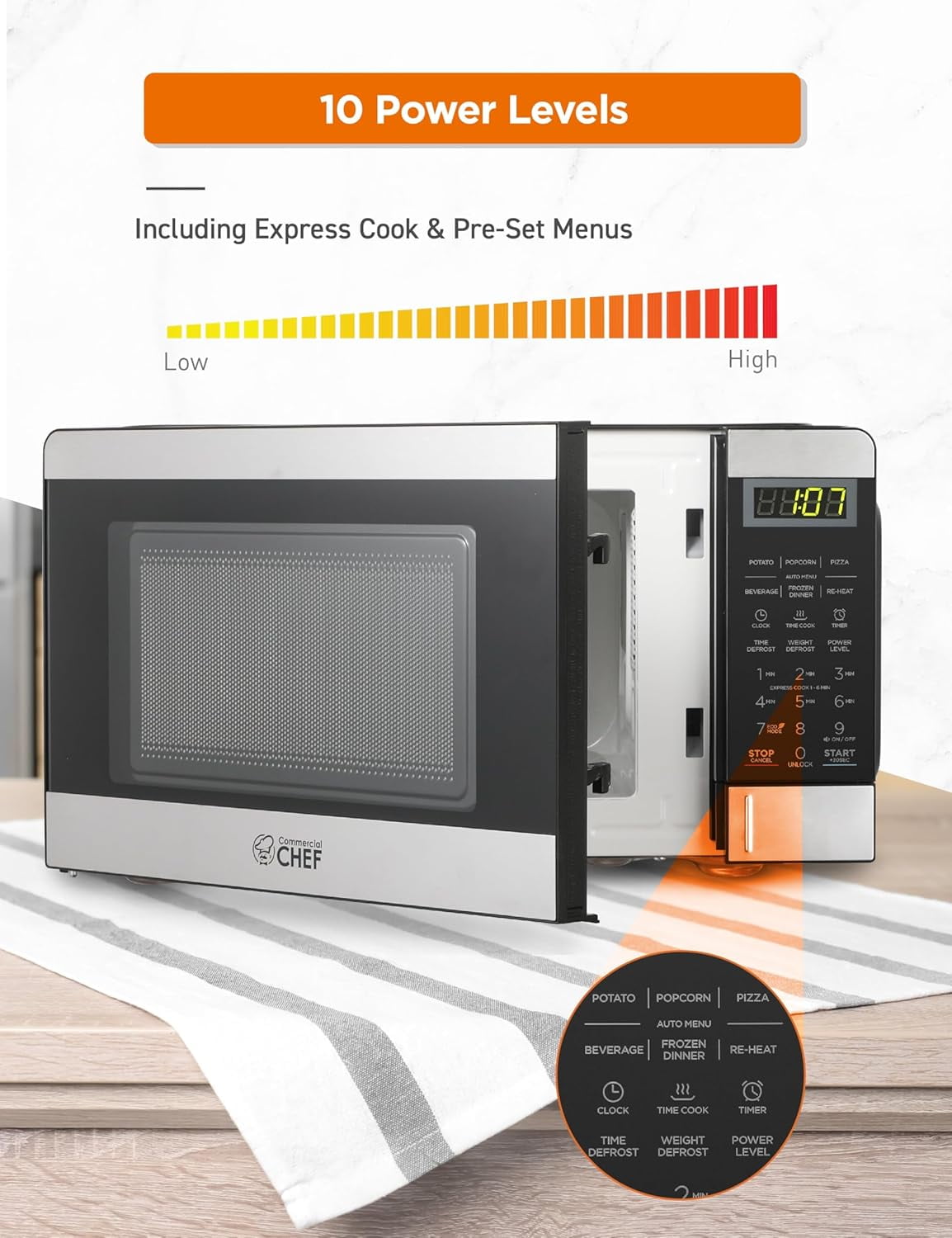 Commercial Chef CHM770SS Countertop Microwave Oven, 0.7 Cubic feet, Stainless Steel, Condition: New
