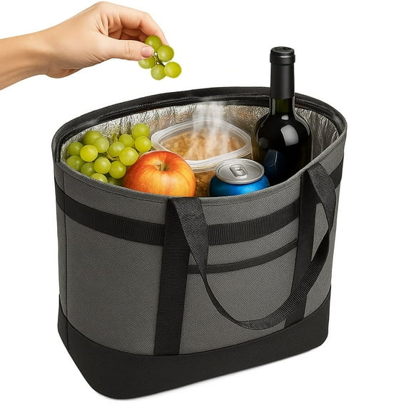 Large Insulated tote bags – 8 gal – 17inX21in – cooler bag for women men lunch box and beach drink snack coolers – gray with black shoulder strap reusable grocery containers