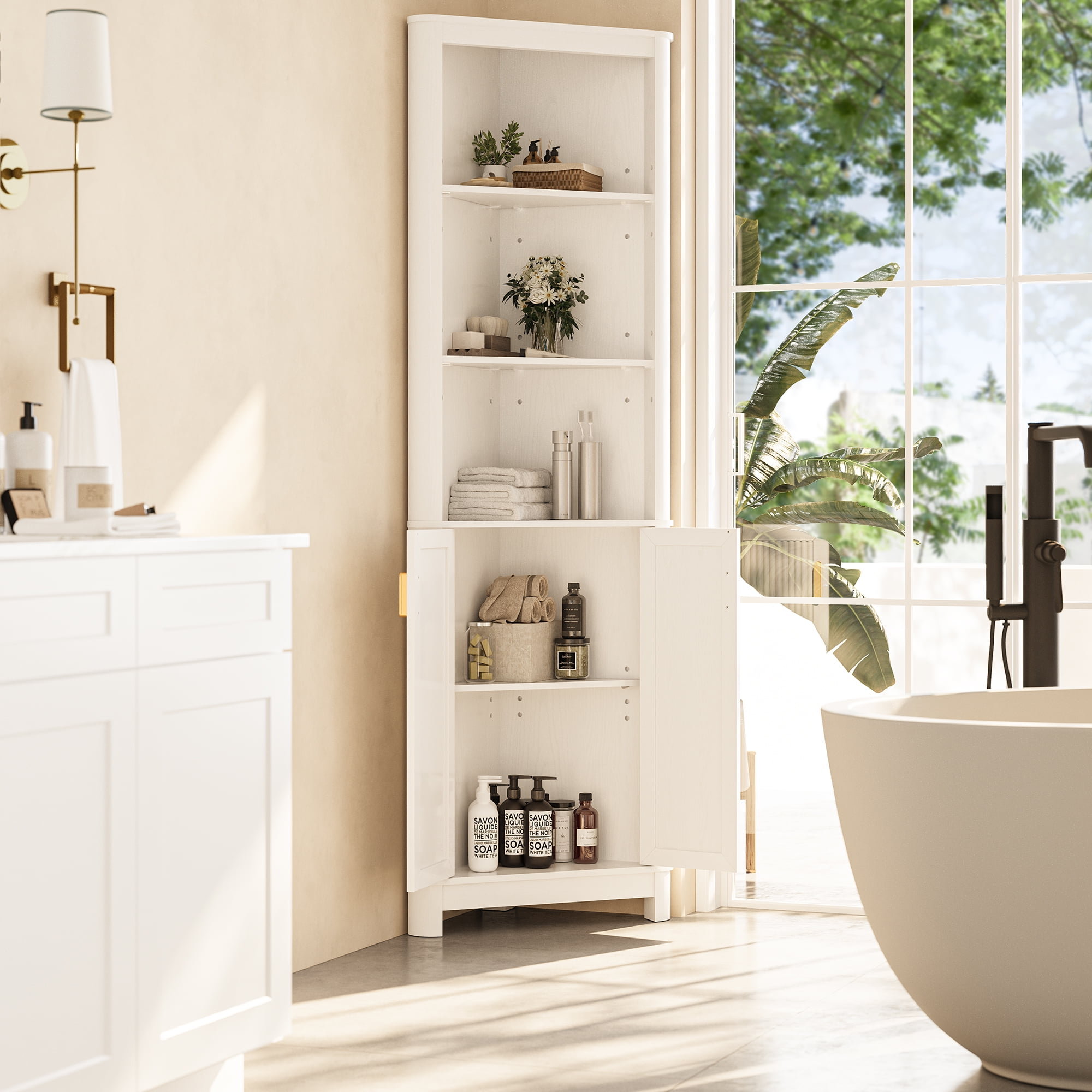 68" Tall Fluted Corner Cabinet for Bathroom, Modern Living Room & Kitchen - 5 Adjustable Shelves, Space-Saving Storage, Curved Profile Design White