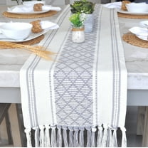 Boho Dining Table Runner with Tassels 14 x 72 Inches, Grey (Gray) & Off White| Boho Dresser Scarf / Farmhouse Cotton Woven Console Table or Buffet Top Cover