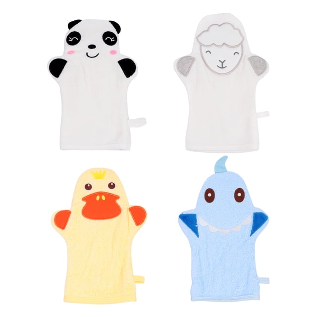 4 Pcs Gants de Bain pour Bébé en Coton avec Serviette Douce