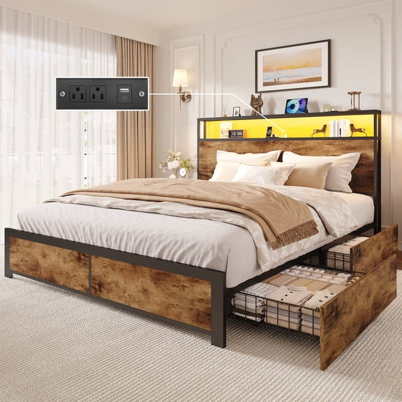 Lifezone Queen Bed Frame with 2-Tier Storage Headboard, Metal Platform Bed Frame with 4 Storage Drawers, Built in Charging Station & LED, Brown