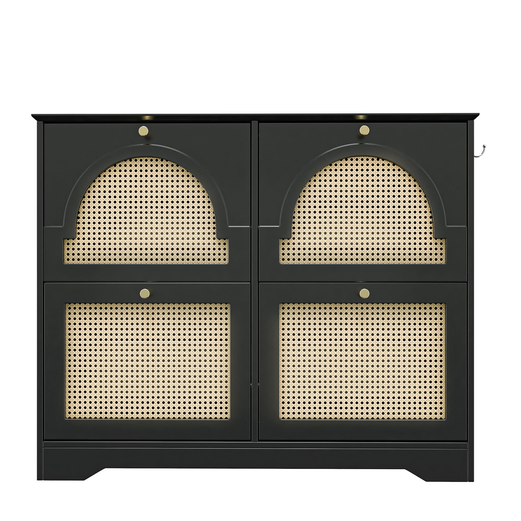 Euroco Mid-Century Rattan Shoe Cabinet with 4 Flip Drawers, Arched Doors, and Side Hooks, Holds up to 12 Pairs of Shoes