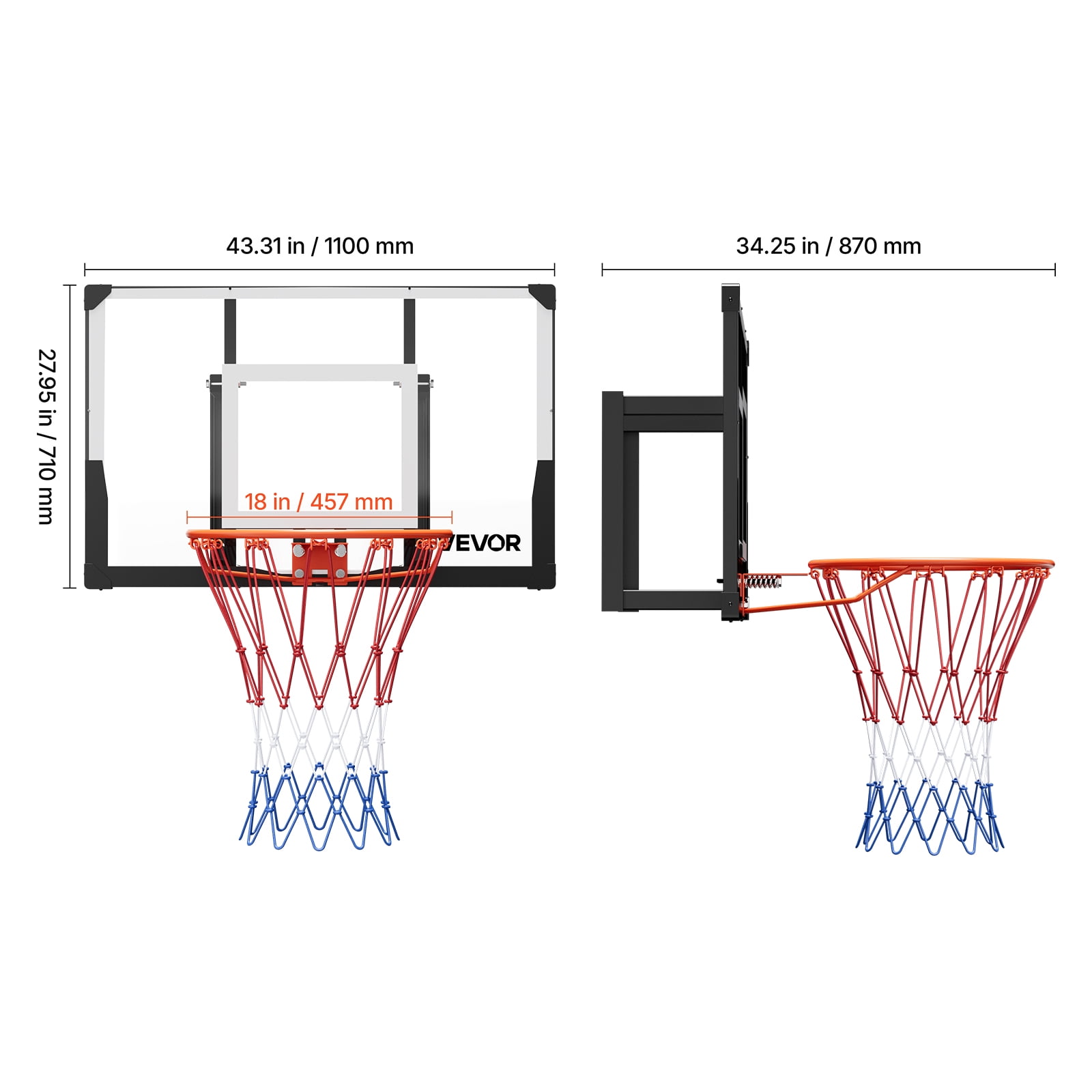 VEVOR Wall Mount Basketball Hoop, 44-inch PC Backboard Mounted Basketball Hoop Outdoor with Solid Steel, 0.08 inch Thickened Backboard, Thickened Woven Nylon Basketballs Net, Indoor & Outdoor Use
