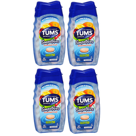 TUMS Smoothies Antacid Relief Calcium Smooth Dissolving Tablets, Assorted Fruit Flavor, 750 mg, 60 Tablets pack of 4