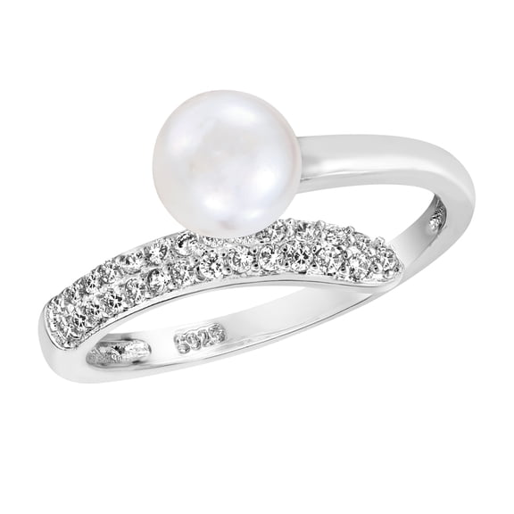 Mesmerizing White Pearl & Cubic Zirconia Bypass Sterling Silver Adjustable Ring