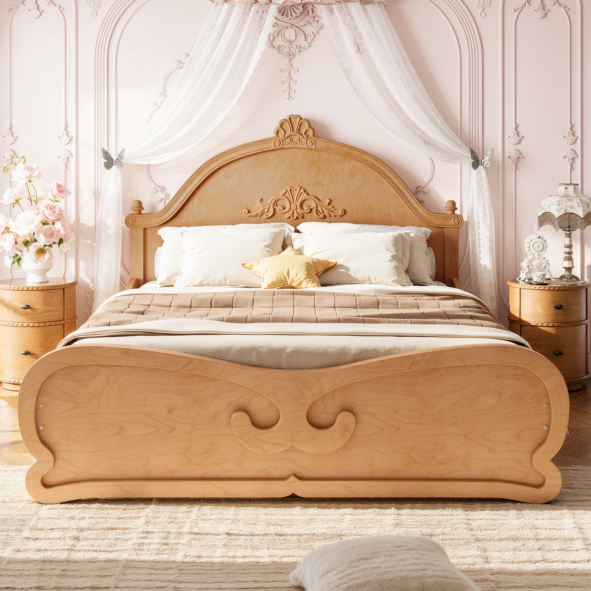 HOQBN Full Size Vintage Carved Platform Bed with Headboard, Solid Wood Bed Frame with Slatted Support, Low Profile Platform Bed for Kid Teens, Natural