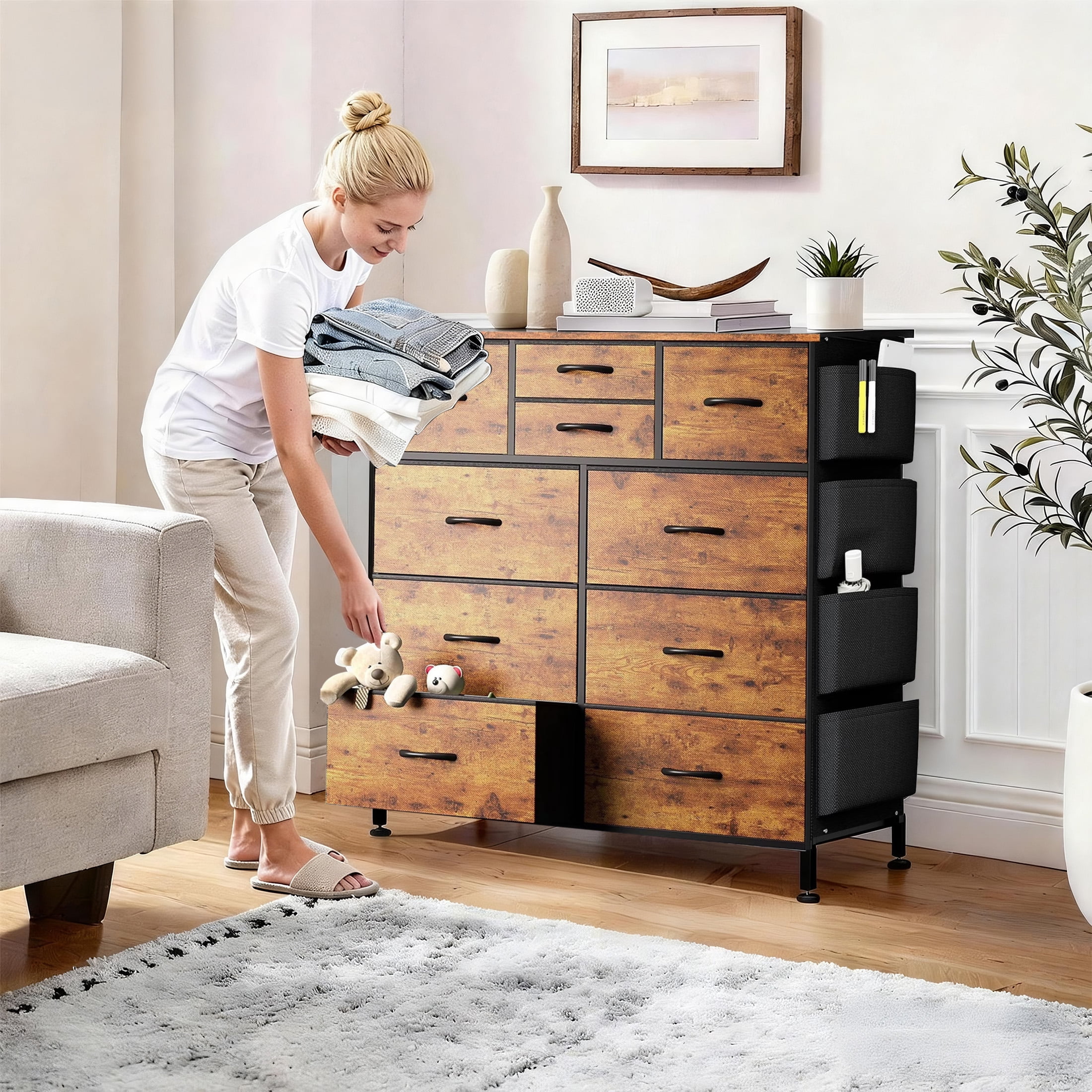 edx Dresser Storage with 10 Drawers, Fabric Dresser Tower with Side Bag, Storage Unit for Bedroom, Closet, Office, Rustic Brown
