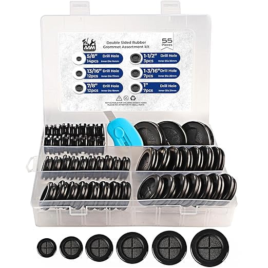 55Pcs Double-Sided Rubber Grommets kit in 6 Assorted Sizes 5/8",13/16",7/8",1",1-3/16",1-1/2"- Round & Waterproof - Ideal Solution for Wire Protection (Black)