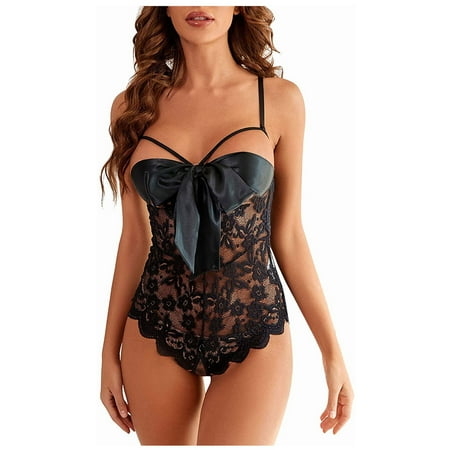 

ZMHEGW Tie Front Knot Front Floral Teddy Lingerie One-Piece Lace Bodysuit
