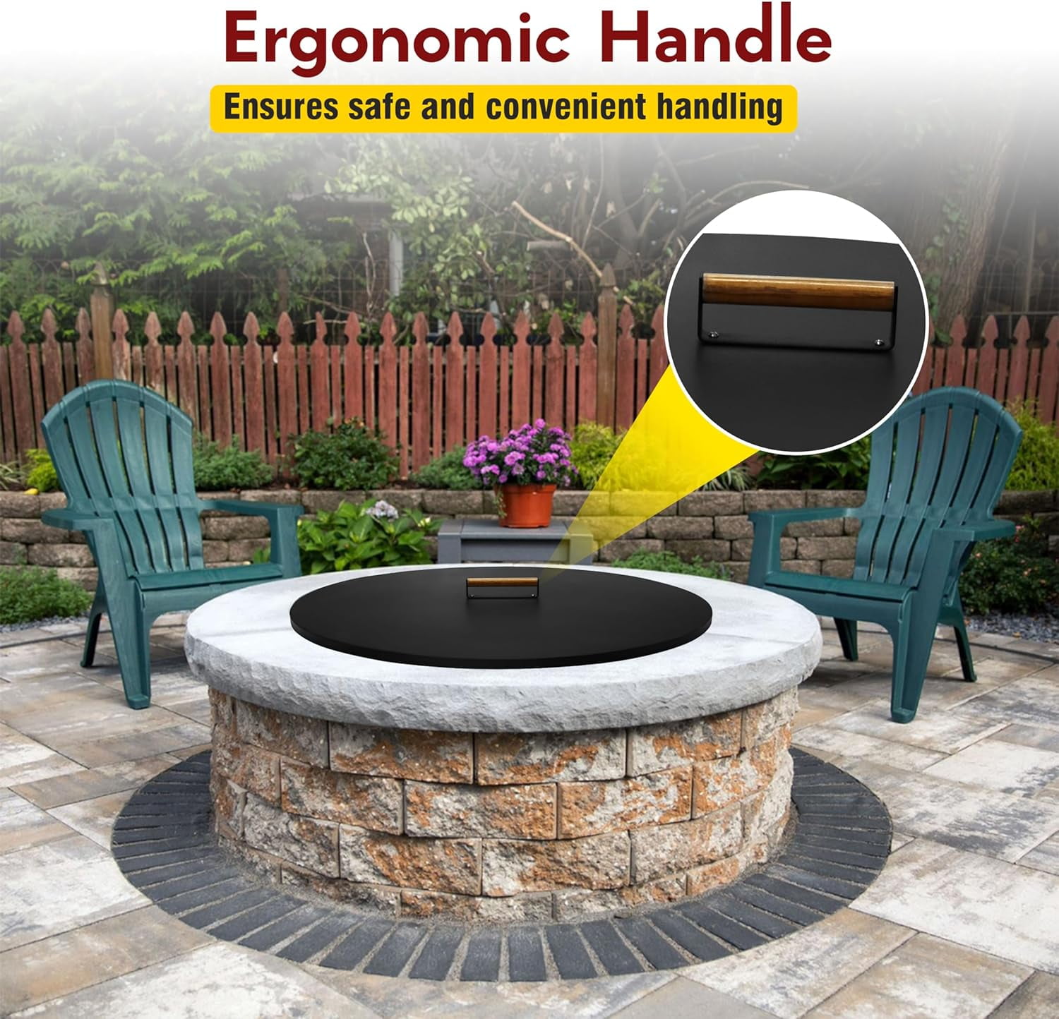 Firepit Snuffer Lid - Carbon Steel 31 Inch Fire Pit Lid with Powder Coating & Ergonomic Wooden Handle - Fit for Fire Pit Size up to 29 Inch - Reliable Use as Garden Decor Fire Pit Accessories