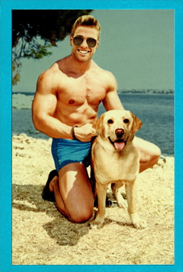 Recycled Paper Greetings Man And Dog Posing For Picture on Beach Funny / Humorous Birthday Card
