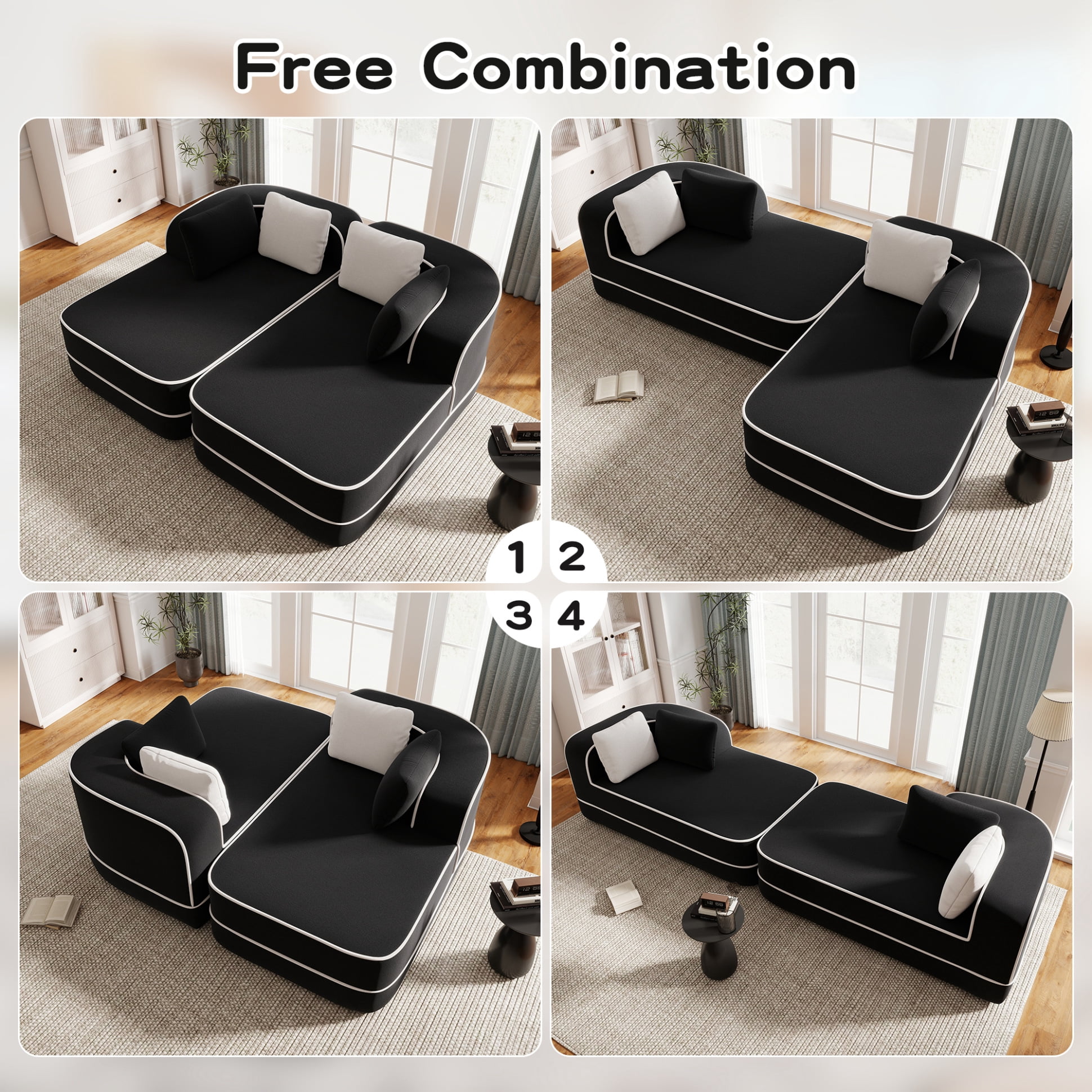 77.2" Teddy Fabric 32D Boneless Sofa,Modular Sectional Sofa with Curved Armrest,Contrast Color Design with Pillow,Fluffy Comfy Couch with L Shaped Chaise,for Living Room,No Assembly Required,Black