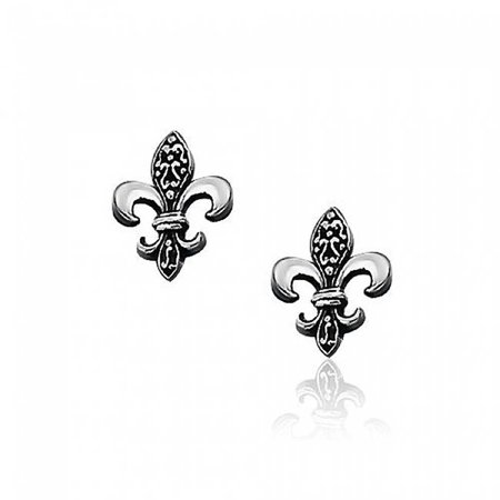 Antique Style Two Tone Oxidized Fleur De Lis Symbol Stud Earrings For Women 925 Sterling Silver 14MM