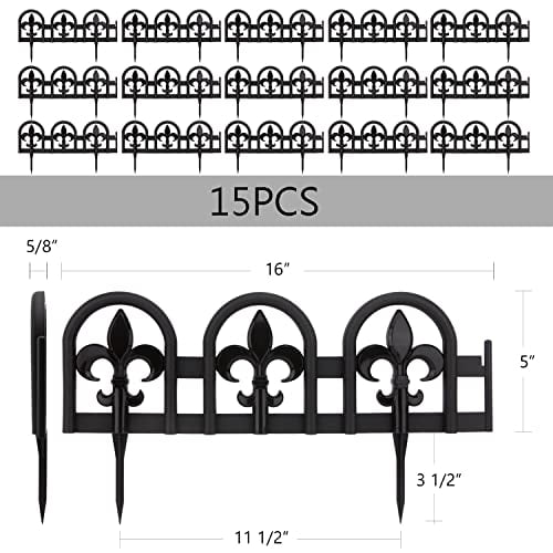 Evelyne Black Garden Border Edging: Wrought Iron Design - 15pcs Black Yard Landscaping Fence Liner Lawn Edge Barrier - 20ft Kit of Decorative Lawn Landscape Panels Elements