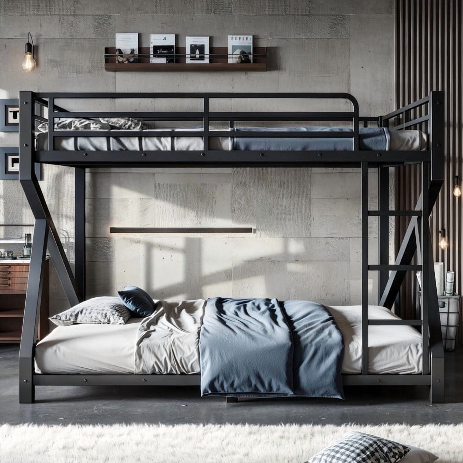 59''H Low Profile Queen-Over-Queen Teens Bunk Bed with Built-In Ladder, Kids Black Metal Bed Frame with Guardrail