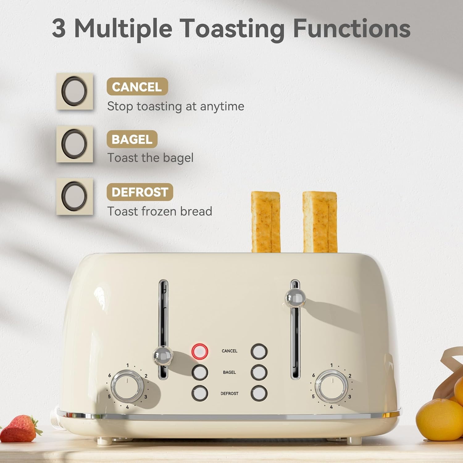 4-Slice Toaster with 6 Shade Browning Levels, 1.5'' Wide Slots, Dual Control Panels, and Removable Crumb Tray - Cream