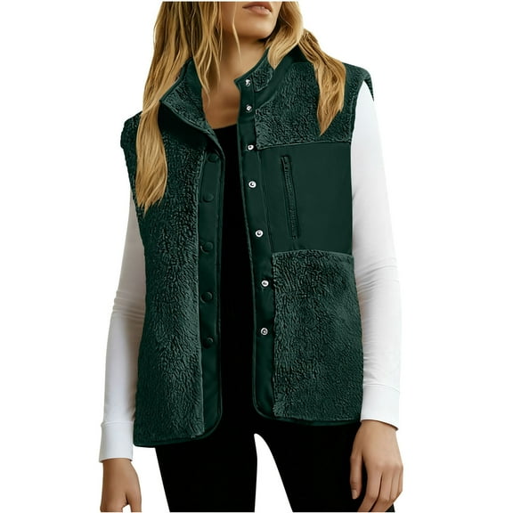 ZQUUVOU Women's Thermal Plush Vest Sleeveless Jacket with Snap and Pockets Layering Piece for Winter Outerwear Green