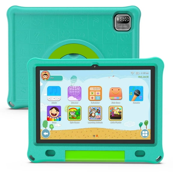 T&C 10.1 Inch Kids Tablet PC, IPS Screen   Capacitive Multi Touch, Powered by New Android 12- 3GB Ram   64GB Rom- Green Case
