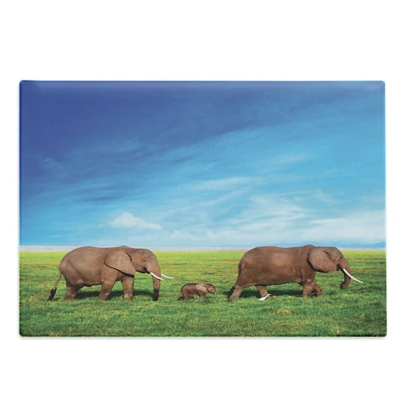 Animal Cutting Board, Family Walking by the Grass Savannah Sky Landscape Safari, Decorative Tempered Glass Cutting and Serving Board, Large Size, Green Brown Blue, by Ambesonne