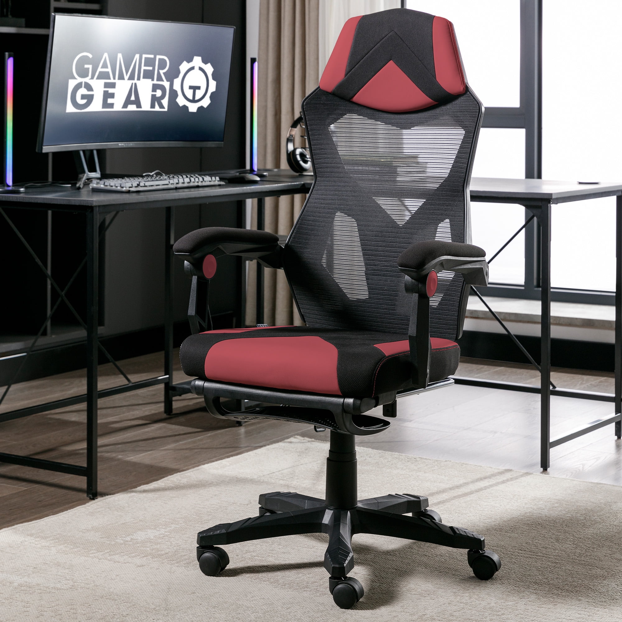 Gamer Gear Gaming Office Chair with Extendable Leg Rest, Red/Black Fabric Upholstery  (图4)