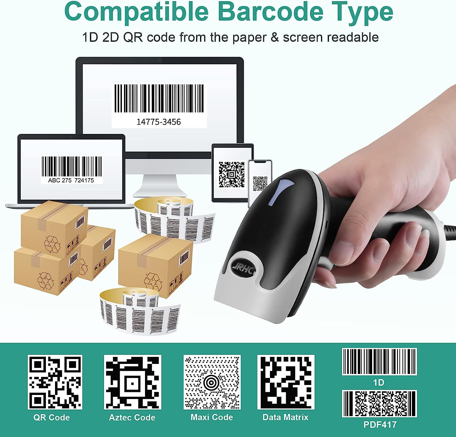 Barcode Scanner, Handheld USB Barcode Scanner Wired Connection Barcode Reader 1D 2D PDF417 QR Data Matrix Automatic Plug&Play Bar Code Scanners for Desktop Store Supermarket Warehouse Library