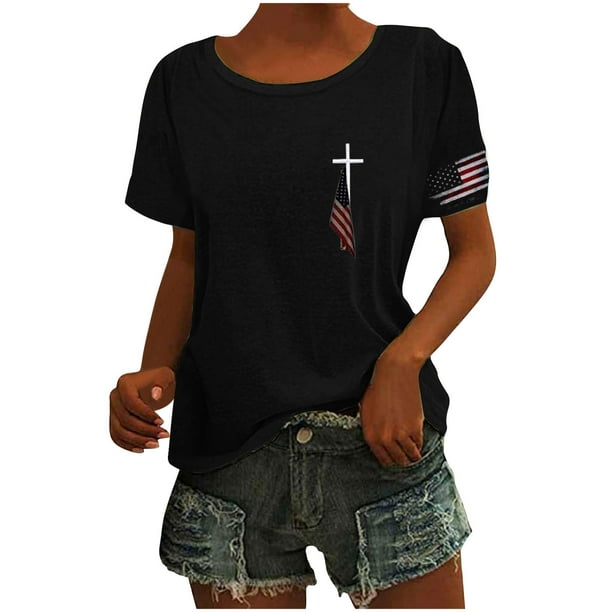 Tops Cortos para las Mujeres Día de la Independencia Patriótica Impreso Cuello en V, Manga Corta Top Casual para Diario, Fiesta Y Todas las Estaciones