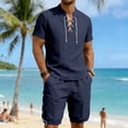 thumbnail image 5 of Eryao Big and Tall Men's Beach Sets 2 Piece Short Sleeve Lace V Neck Shirts Matching Athletic Shorts with Pockets Summer Vacation Lounge Outfits,Navy,M, 5 of 9