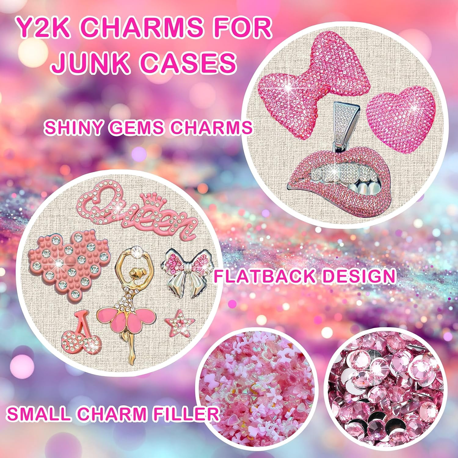 Junk Case Charms Kit, Pink Junks Phones Cases 3D Rhinestone Cool teeth and lips And Bows Chain Bags Hearts And Cross Flowers And Other Bedazzling Kits Can Be Used In DIY Phone Case Designs