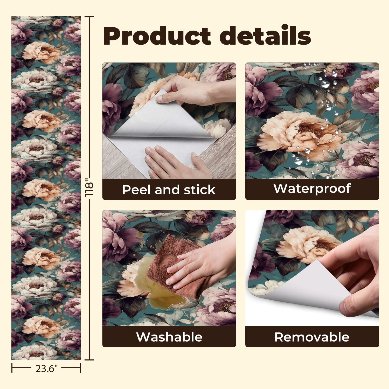 Flower Peel and Stick Wallpaper 23.6in x 9.8ft Vintage Floral Peony Soft Pastel Colors Teal Contact Paper Vinyl Waterproof Self Adhesive Wall Paper for Bedroom Shelf Cabinet Renter Friendly
