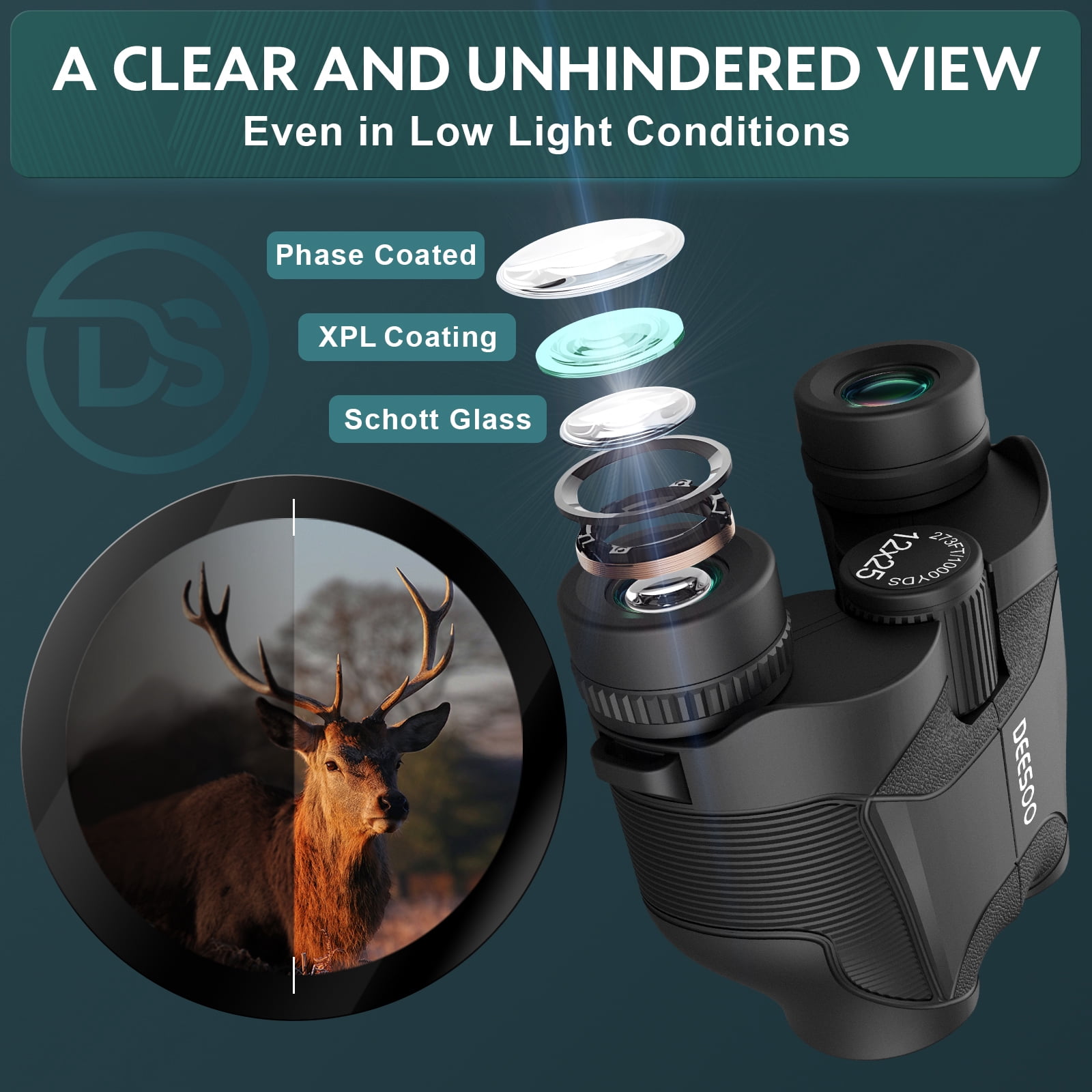 Deesoo 12x25 Compact Binoculars, Lightweight and Easy-Focus with Low Light Vision for Birdwatching, Hiking, Concert & Wildlife