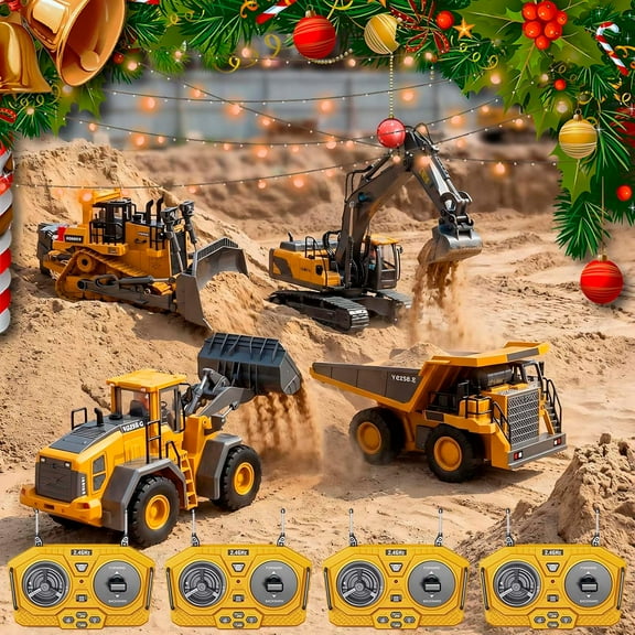 Upgraded Construction Rc Set of 4, Command The Site, Conquer The Dirt, Rechargeable 2.4ghz Remote Control Construction Vehicles with Cool LED Lights, Metal Parts, Real Sounds