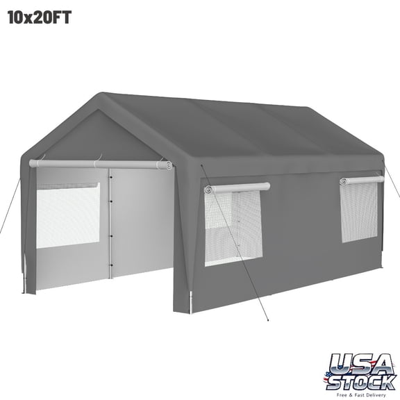 GZXS 10ft x 20ft Heavy Duty Canopy Tent with Roll-up Ventilated Windows, Garage Carport with Steel Frame, Removable Sidewall & Door, Gray