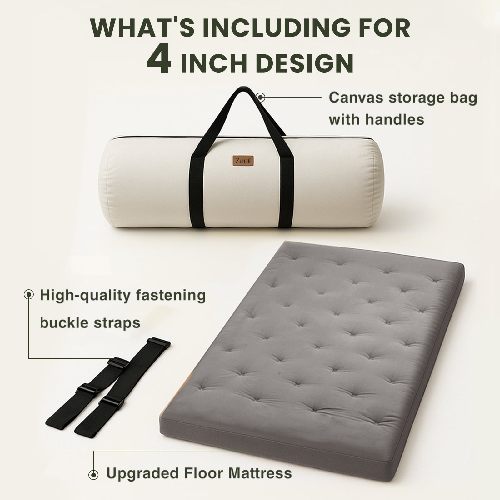 ZONLI Japanese Futon Mattress, Twin Size 39"x80"x4" | 100% Cotton Foldable Tatami Sleeping Pad for Dorm, Living Room & Camping, Grey