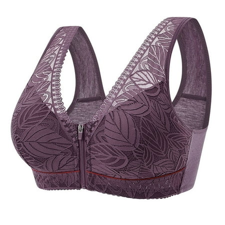 

Women s Zip Front Sport Bra Wirefree Lace Bra Full Coverage T-Shirt Bra - Purple
