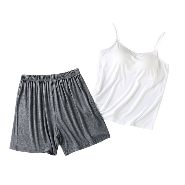 MeetoTime Pajamas for Women Set Summer Solid Color Spaghetti Strap Camisole with Chest Pad Shorts Homewear