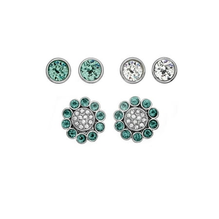 X & O Rhodium Plated 4-Piece Green Zircon Floral Stud Earring Jacket Set, Made With Swarovski Crystals