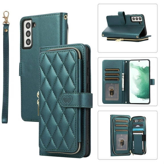 SaniMore for Samsung Galaxy S23 Plus Buisness Case, Zipper Purse [Card Holders] Magnetic Clasp Flip Kickstand Wrist/Crossbody Lanyard PU Leather Wear-resistant Full Protective Wallet Shell, Darkgreen