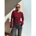 thumbnail image 6 of Women Trendy Crew Neck Ribbed Knit Crop Bell Long Sleeve Open Front Button Down Sweater Shirt Fall Outfit Wine Red L, 6 of 7