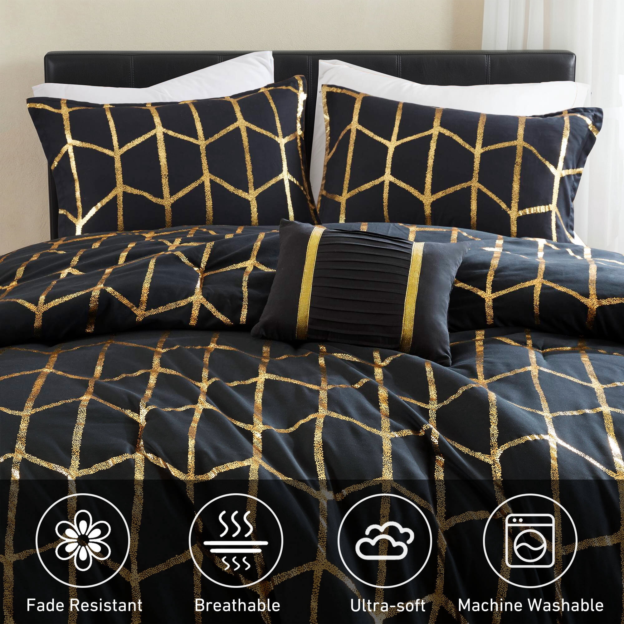 Regency Heights Twin/Twin XL Size Comforter Set, 3-Piece Bedding Set for All Seasons, Geometric Metallic Comforter Bed Set with Decor Pillows,Black/Gold